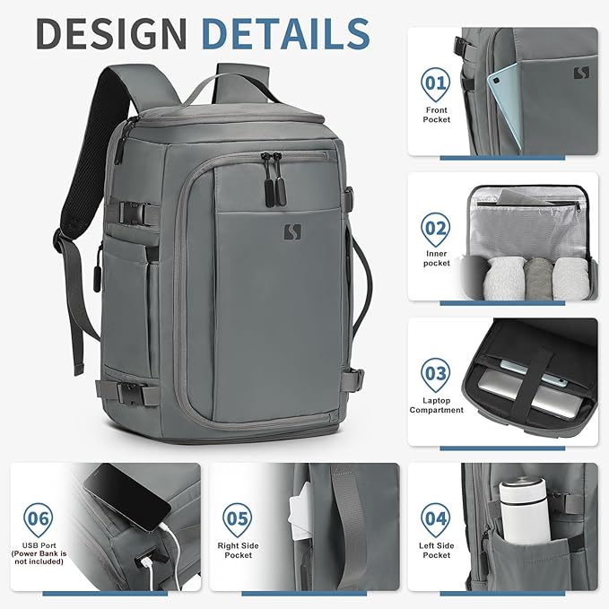 35L Travel Backpack 17" Laptop Backpack W/USB-C Port, Expandable Carry-On Bag, TSA Flight Approved Water-Resistant for Business College, Grey