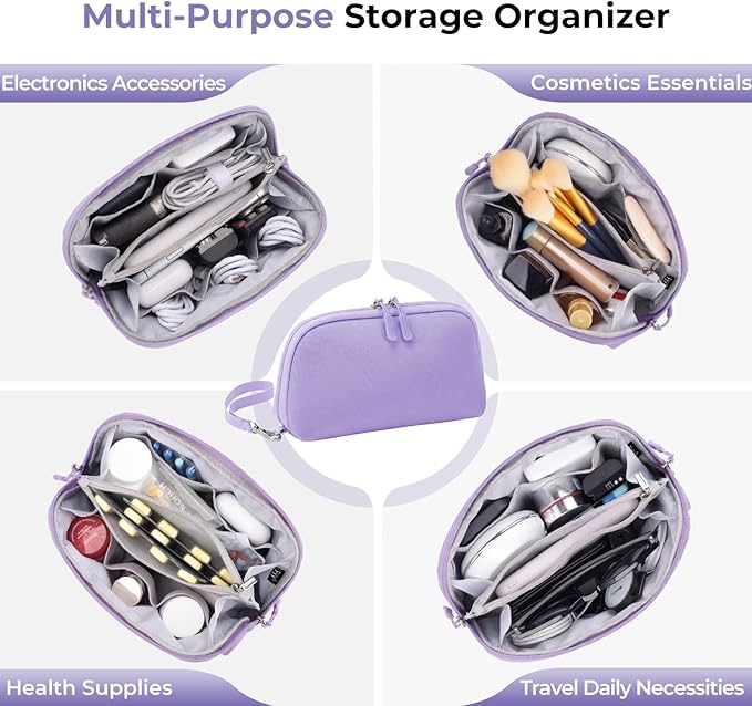 FYY Travel Cable Organizer - 8 Compartments Lightweight Water Resistant Tech Pouch with Wrist Strap, Electronic Accessories Case for Cord Charger Storage for Travel Home Office, Purple (Medium)