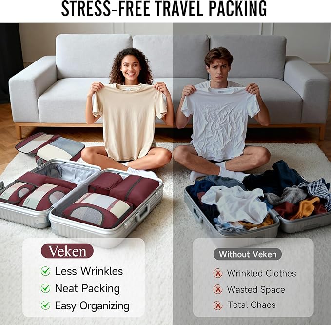 Veken 8 Set Packing Cubes for Travel Essentials, Suitcase Organizer Bags in 4 Sizes, Carry-On Luggage Accessories with Large Laundry Bag & Passport Holder, Must-Have for Airplane, Road Trip & Camping
