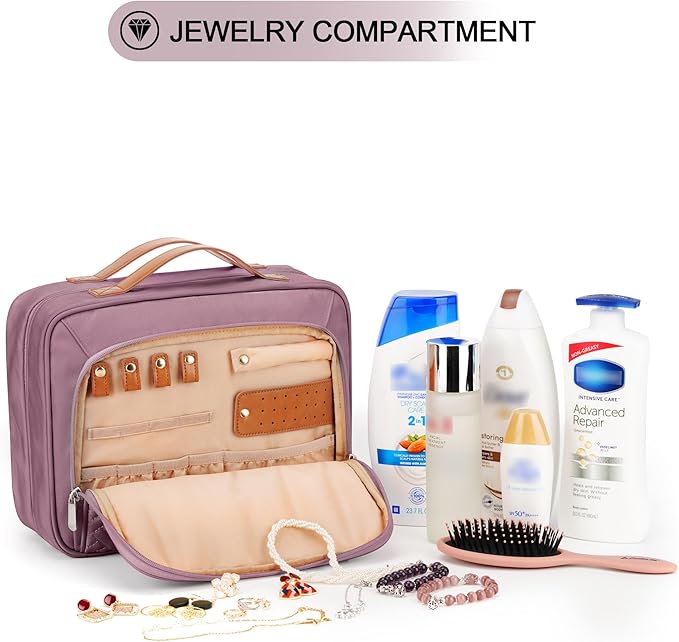 Travel Hanging Toiletry Bag for Women, with Jewelry Organizer Compartment, Medium Waterproof Hanging Makeup Accessories, Cosmetic Essentials, Toiletries Dopp Kit Set with Trolley Belt, Dark Purple