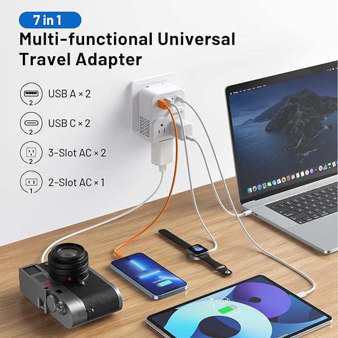 7-in-1 European Travel Plug Adapter, 2000W Universal Travel Adapter with 3 AC Sockets, 2 USB-A & 2 USB-C (PD 20W) Ports, Travel Essentials International Power Adapter for UK/EU/China/Japan