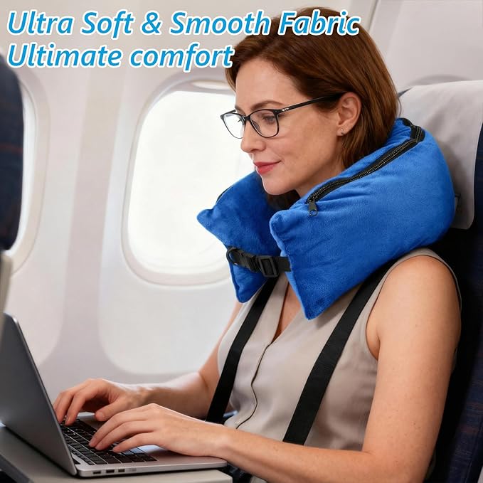 Stuffable Travel Neck Pillow Velvet Stuffable Pillow for Traveling Neck Pillows for Extra Luggage with Adjustable Necks Size Portable Travel Essentials Multifunctional Sleeping Rest Cush(Blue)