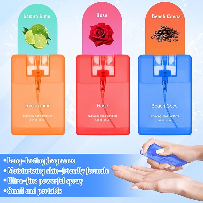 Set of 3 Power Mist Hydrating Hand Sanitizer Spray Bulk Travel Size Refreshing Hand Sanitizer 0.67 Fl. oz Compact Card Spray Bottle Rose Beach Cocoa Lemon Lime Scent for Daily Personal Use Gift
