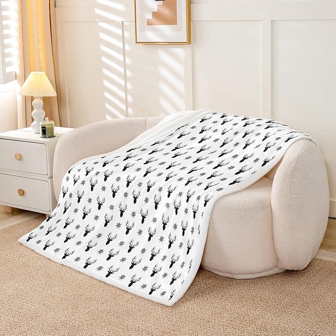 Deer Antlers Kids Throw Blanket,Snowflake Merry Christmas Xmas Bed Blanket for Girls Boys Adults,Rustic Farmhouse Fleece Blanket,Black White Chic Fuzzy Blanket,Twin Size (60 x 80 Inches)
