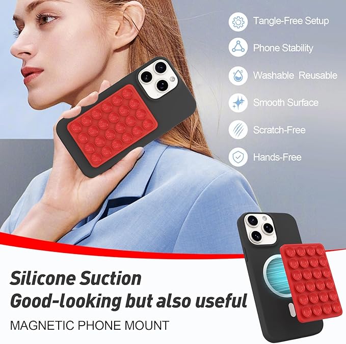 Magnetic Suction Phone Mount for MagSafe Case,Silicone Sticky Phone Grip Holder for iPhone,Removable Hands-Free Selfie/Video for TikTok & Instagram Influencer/Creator (Red)