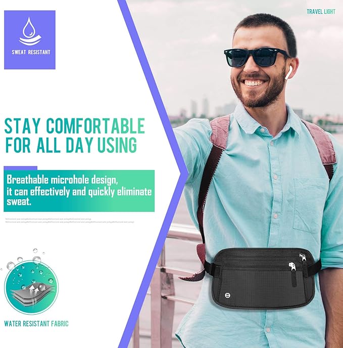 WALNEW Travel Money Belt for Women and Men - RFID Blocking Passport Holder Hidden Travel Wallet to Keep Cash, Credit Card, Passport, Cell Phone Safe