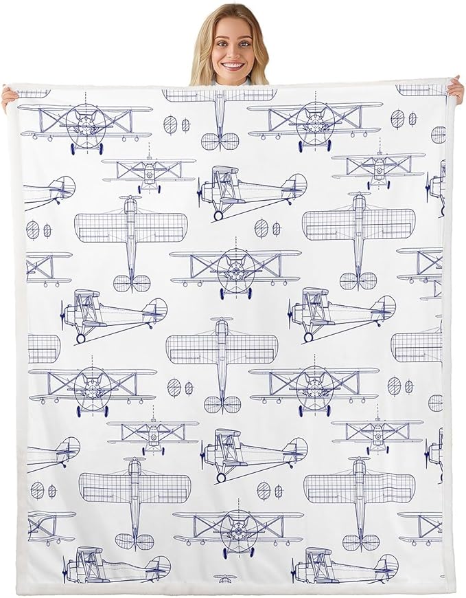 Airplane Kids Throw Blanket,Hand-Painted American Aircraft Toddler Bed Blanket for Girls Boys Adults,Air Vehicles Cartoon Fleece Blanket,Blue White Fuzzy Blanket,Baby Size (30 x 39 Inches)