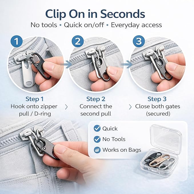 PPDVUUT Zipper Locks for Backpacks, Suitcases, Travel Bags & More, Anti-Theft Security Clips Set with 10 Locks & 10 Extension Rings, Metal Alloy Double-Opening Clips