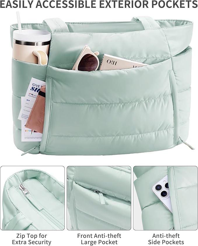 Bagstellar Puffer Tote Bag for Women, Lightweight Puffy Work Handbag Teacher Nurse Quilted Shoulder Bag for School Travel Gym | Cloud Bag w/ Zipper, Daily College Bags, 15.6" Computer Bag, Clinical Nursing Bag, 40 OZ Tumbler Holder, Ideal Gift for Women