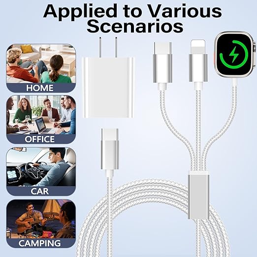 Travel Essentials for Apple Watch Charger,iPhone Charger,3 in 1 Type C/Lightning/Magnetic Multi Charging Cable with 20W Charger Block,Portable Designed for iWatch 11-2,iPhone 17-11,Galaxy S26,iPad-4FT
