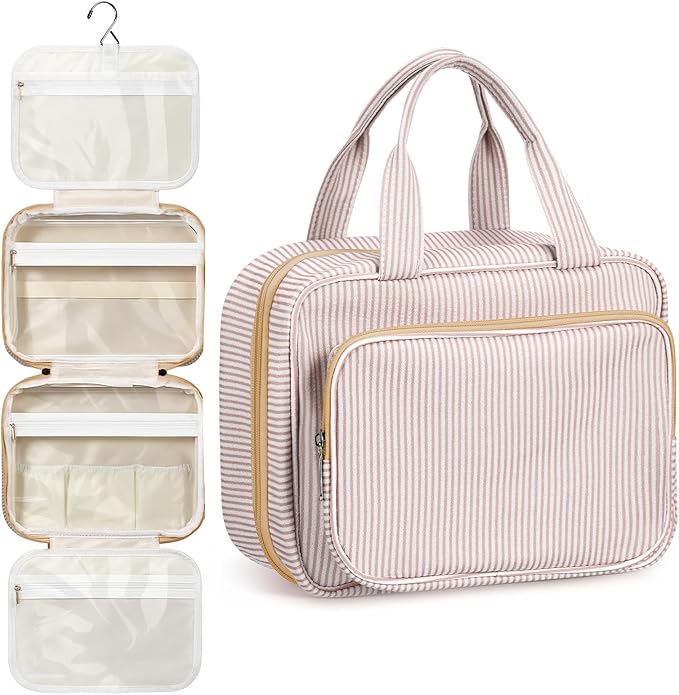 Huhumy Hanging Toiletry Bag for Women with Detachable Pouch, Travel Toiletry Bag, Travel Size Toiletries, Cosmetic Bags, Seersucker Makeup Bags Gifts for Her Mom Girlfriend Wife Teacher(Khaki)