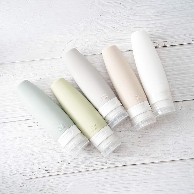TSA Certified Portable Silicone Travel Bottle Set, Leak Proof Squeezable Silicon Tubes Travel Size Toiletries Containers, Refillable Travel Accessories for Shampoo Liquids 5 Pack (3 fl. oz)