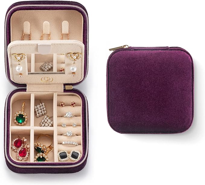 ZPROW Plush Velvet Travel Jewelry Case, Travel Jewelry Organizer, Jewelry Travel Case, Travel Jewelry Box, Small Jewelry Case for Women,Jewelry Travel Box, Earring Organizer with Mirror - Purple