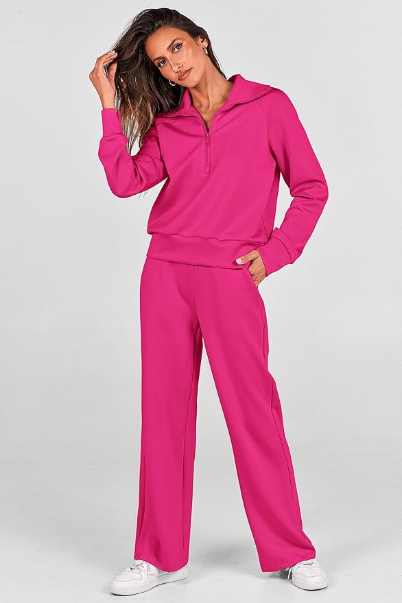 PRETTYGARDEN Women's 2 Piece Outfits Casual Lapel Half Zip Sweatshirts and Wide Leg Pants Tracksuit Sets
