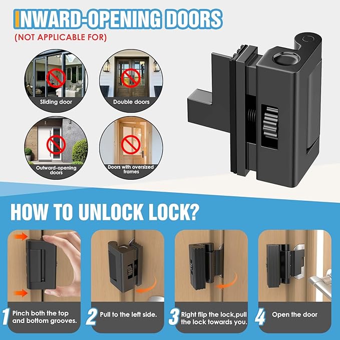 Upgraded Portable Door Lock for Travel & Home - No Drill Anti-Kick Door Reinforcement Lock with 800lbs Strength, Fits Inward Swing Doors, Black
