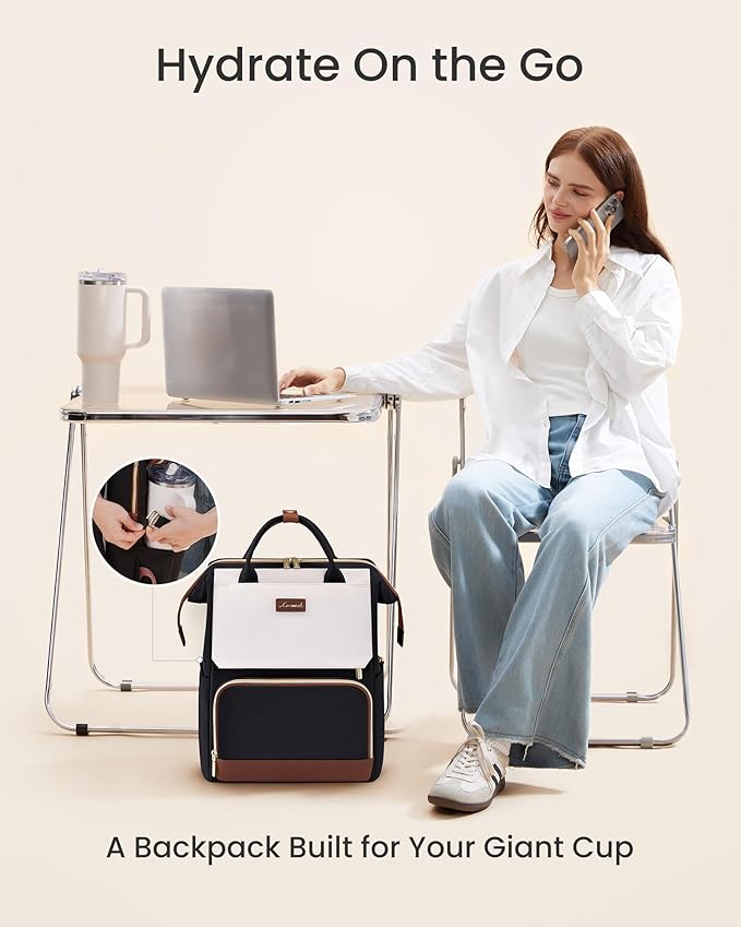 LOVEVOOK Laptop Backpack for Women with Giant Tumbler Holder Pocket, 15.6 inch Travel Work Backpack Purse for Nurse Teacher, Waterproof School Bag College Bookbag Cute Casual Daypack for Girls Brown