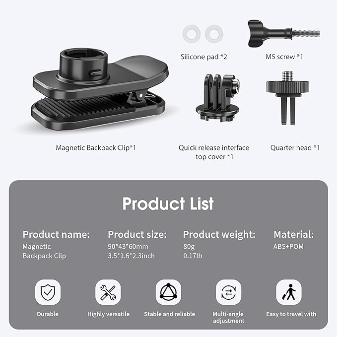 Backpack Strap Quick Clip Mount for DJI Osmo 360 Action 6 5 Nano for Insta360 Go Ultra X5 X4 for Gopro Hero 13 12 11 10 MAX 2, 360° Rotation Magnetic Clamp for AKASO EK7000/Brave Accessories