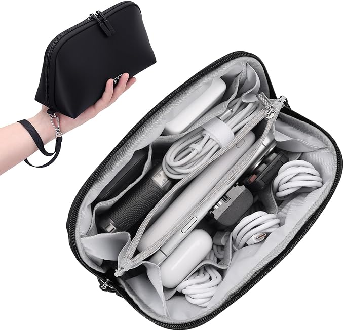 FYY Travel Cable Organizer - 8 Compartments Lightweight Water Resistant Tech Pouch with Wrist Strap Portable Electronic Accessories Case for Cord Charger Storage for Travel Home Office Black (Medium)