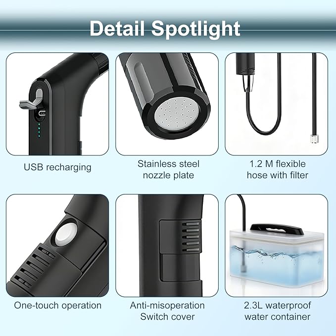 COSWE Portable Travel Bidet Electric Rechargeable Handheld Personal Bidet Sprayer for Hygiene Cleaning for Toilet with 2.3 liters Water container (Black), LIUW_JP2201