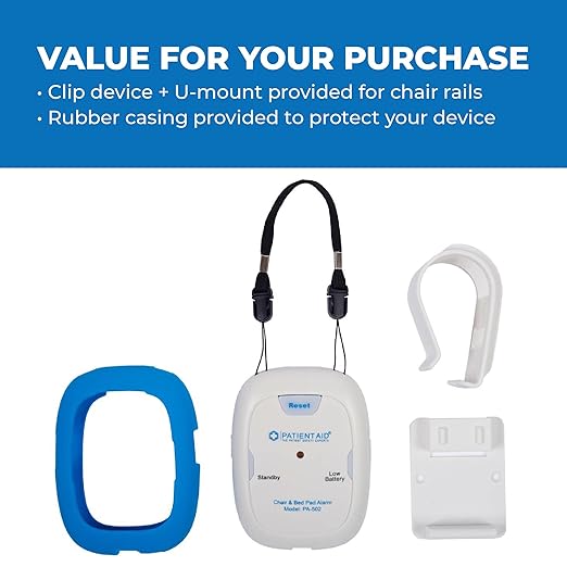 Patient Aid Chair Alarm with 10" x 15" Motion Sensor Pad and Wired Device with Rubber Casing, Ring Sound and Mounting Options, AC Adapter and Battery Powered Wandering and Fall Prevention for Elderly