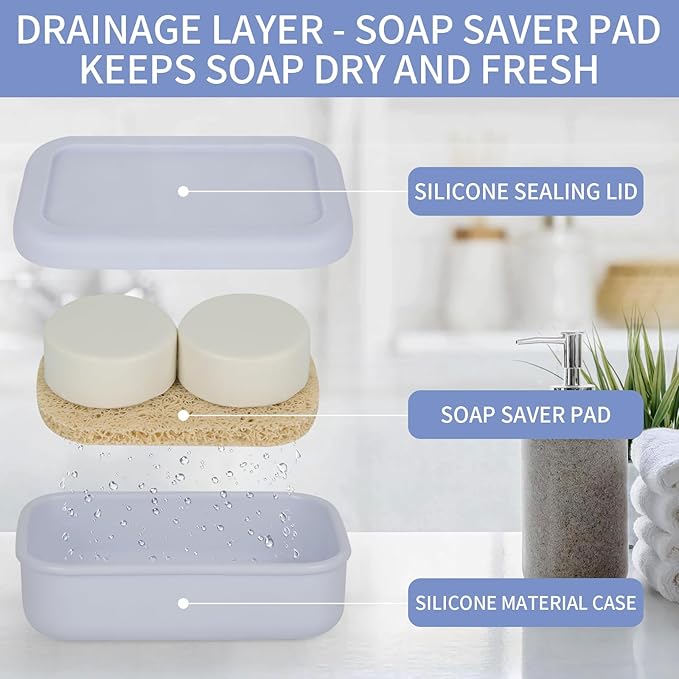 Leak Proof Travel Soap Case,Large Silicone Travel Soap Holder,Portable Soap Box with Drainage Layer,Bathroom Shatter Proof,Suitable for Travel, Bathroom, Camping, Gym(Light Gray)
