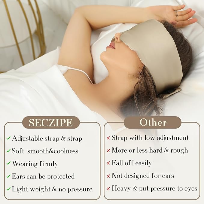 SECZIPE 100% Mulberry Silk Sleep Mask Eye Mask for Women Man with Adjustable Band, for Side Sleeper Blackout Sleep Mask for Travel Rest and Office Large Size (Taupe)