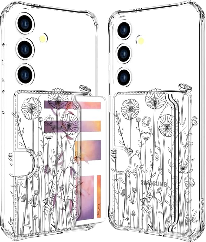 Compatible with Samsung Galaxy S24 / S25 Case Card Holder for Women Cute Design,Wallet Phone Cases Transparent Cool Kawaii Protective (Clear Black Flower Bouquet)