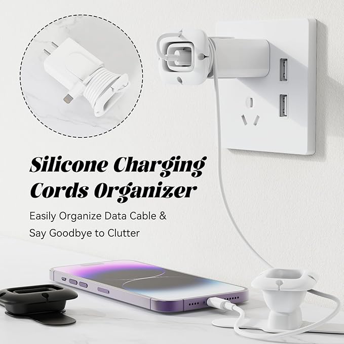 Silicone Collapsible Cord Wrap Foldable Charger Organizer Compatible with Phone Charger and Adapter, Wired Manager Holder Wrap Winder Cable Management Travel Essentials (Black&White)
