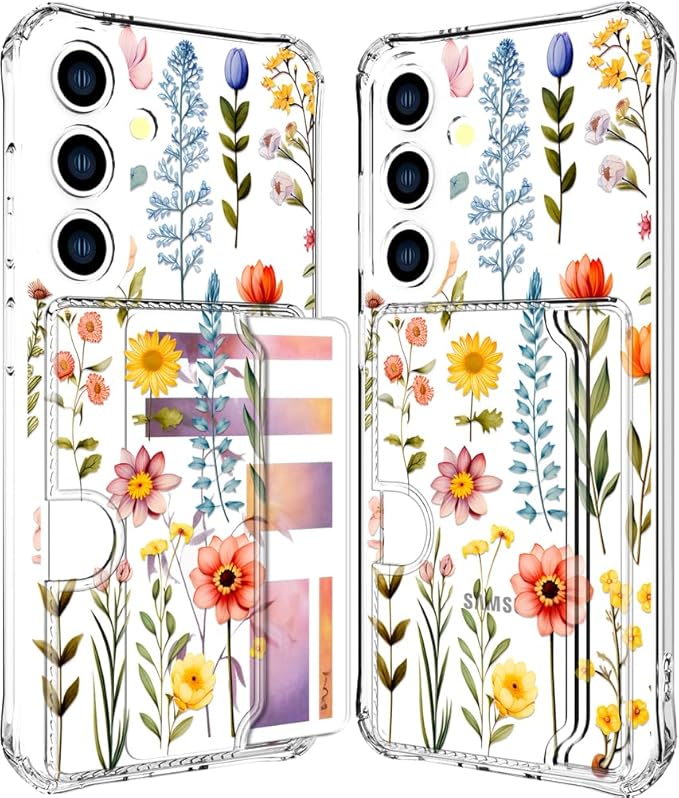 Compatible with Samsung Galaxy S24 / S25 Case Card Holder for Women Cute Design,Wallet Phone Cases Transparent Cool Kawaii Protective (Clear Multicolored Flowers Branches)