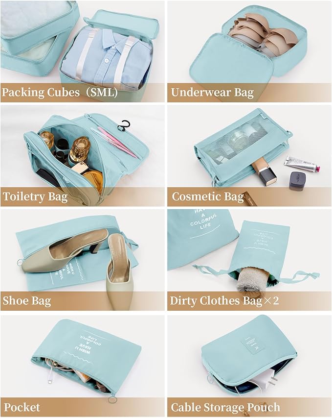 Anjing 11 Set Packing Cubes for Travel, Space-Saving Luggage Organizers, Suitcase Organizer Bags Set, Essentials for Carry-on Suitcases, Lake Blue (WMUS20230315X01-3)