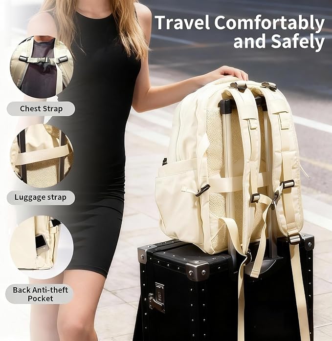 Travel Backpack for Women Men Carry on Backpack, Airline Approved Large Travel Bag Flight Approved Personal item, 15.6 Inch Laptop Backpack Casual Daypack for Weekender Business Hiking-WHITE