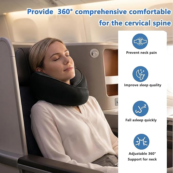 Travel Neck Pillow for Airplane - 100% Memory Foam 360° Ergonomic Support - Adjustable Velcro, Washable Velvet Cover & Compact Storage Case - Flight Essentials for Sleeping (Black)