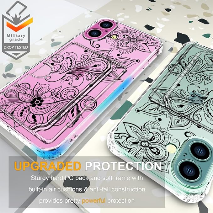 Compatible with iPhone 16 Plus Case Card Holder for Women Cute Design,Wallet Phone Cases Transparent Cool Kawaii Protective (Clear Black Henna Flower)