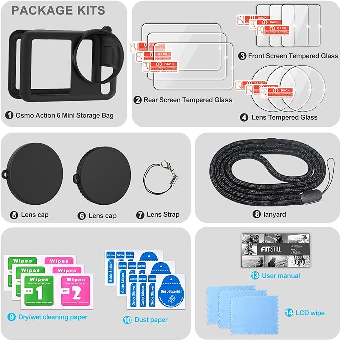 FiTSTILL Silicone Rubber Case+3Pack Tempered Glass Protector Compatible for DJI Osmo Action 6,Rubber Case&Lens Caps&Screen Protectors&Lanyardfor Protective Full Cover Shell Action6 Accessories Kit