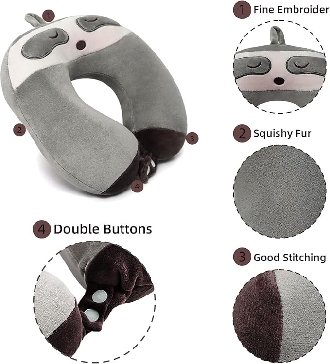 Niuniu Daddy Travel Neck Pillow - Pure Memory Foam Cervical Support Pillow for Sleeping on Airplane, Car, Train for Long Trips - Sloth Design for Kids Age 8+, Teens, Adults, Boys, Girls