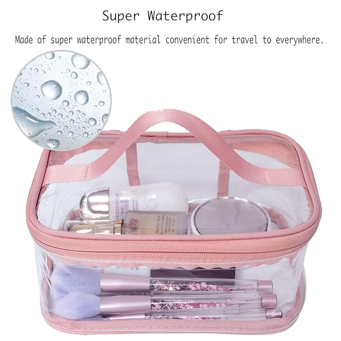 2-Pack Toiletry Bag Makeup Cosmetic Clear Bag Portable Waterproof Transparent Travel Large Storage Pink