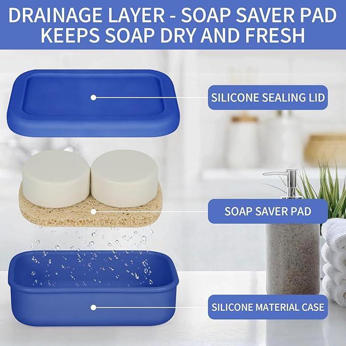 Leak Proof Soap Case,Large Silicone Travel Soap Holder,Portable Soap Box with Drainage Layer,Bathroom Shatter Proof,Suitable for Travel, Bathroom, Camping, Gym(Dark Blue)