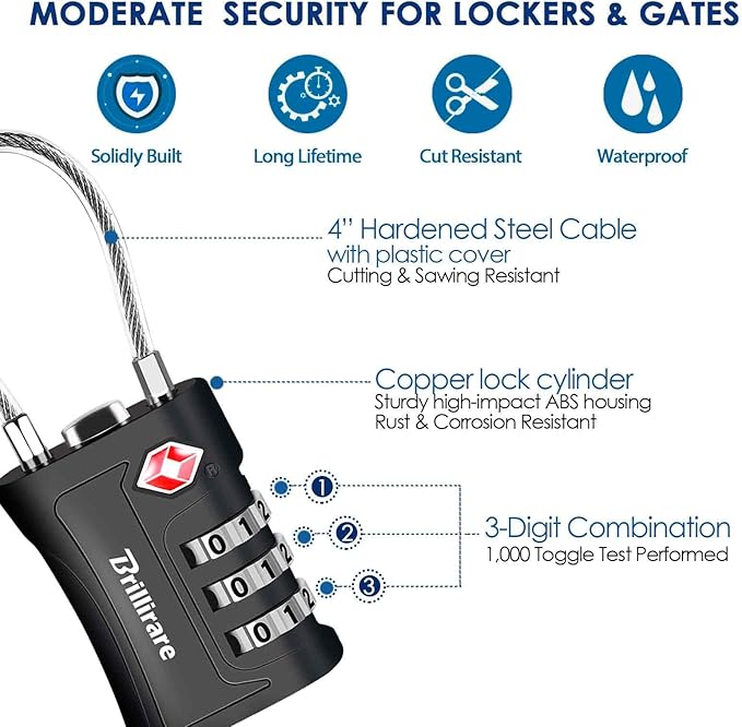 2 Pack TSA Approved Luggage Locks, Combination Travel Cable Padlock, 3-Digit Waterproof Lock, TSA Accepted Outdoor Keyless Resettable Lock for Lockers, Bags, Gym, Gate-Black