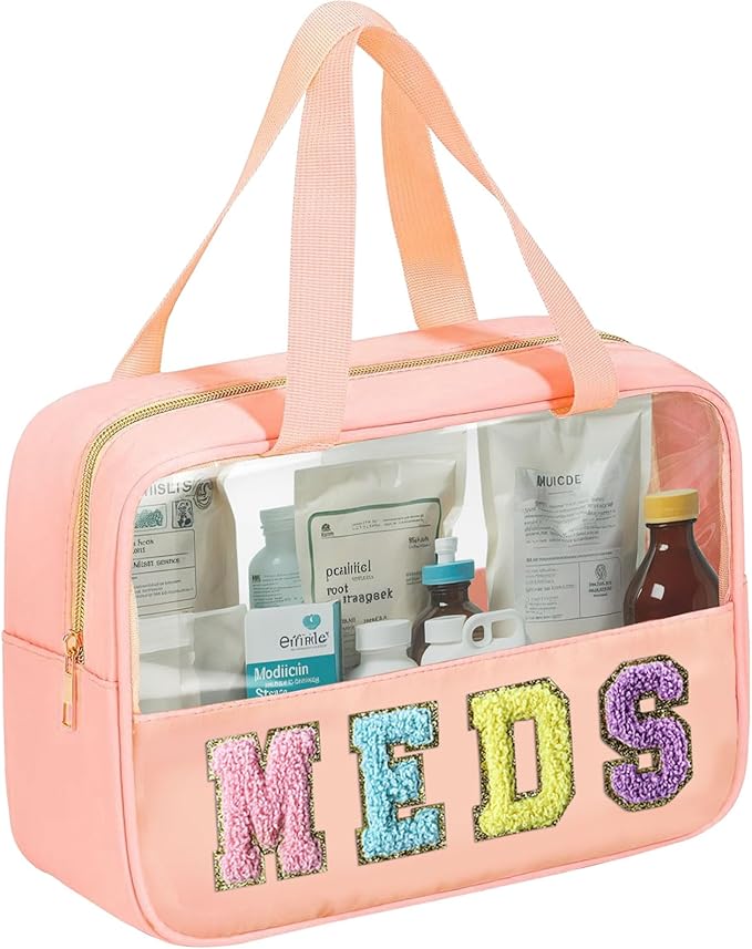 BuyCard Chenille Letter Patch Clear Travel Bags, Preppy PVC&Nylon Makeup Bag with Handle and Zipper, Waterproof Large Clear Travel Toiletry Bag Storage Bag for Women Girls