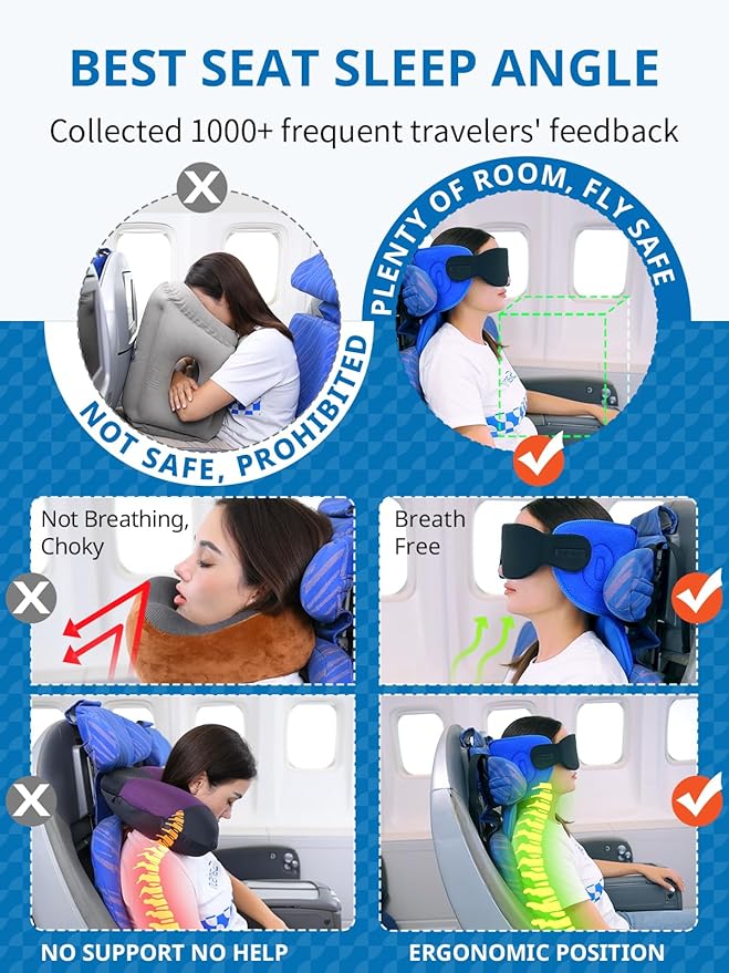 SARISUN Travel Pillows for Airplanes, Airplane Pillow with Sleep Eye Mask, 360° Support Headrest, Travel Essentials, Adjustable Airplane Head Strap for with/Out Headrest Seat, Brown Red