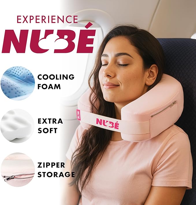 Travel Neck Pillow – Ultra Lightweight & Comfortable Memory Foam with Zipper Storage for Airplane, Car & Home Travel Accessory for Head & Neck with Cooling, Breathable & Washable Fabric – Pink