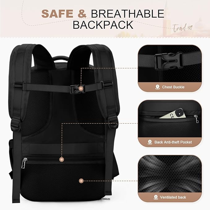 Maelstrom Travel Backpack for Women Men,25L Laptop Backpack Fits 15.6-Inch Laptop,Waterproof Carry On Backpack for Airplanes with Detachable Crossbody Bag & Shoe Compartment (Black, Medium)