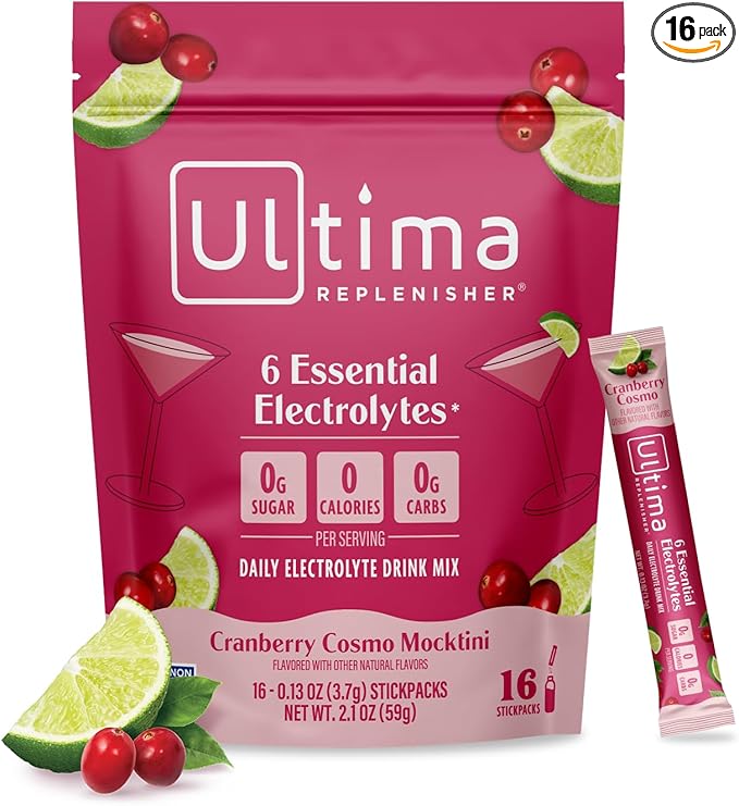 Ultima Replenisher Daily Electrolyte Powder – Cranberry Cosmo, 16 Stickpacks – Zero Sugar Hydration Packets with 6 Key Electrolytes and Trace Minerals – Sugar Free & Keto Friendly Drink Mix