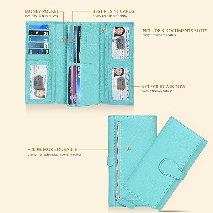 Real Leather Women Wallet Leather with RFID Blocking -Trifold Card Holder Designer Ladies Clutch with ID Window Wallets