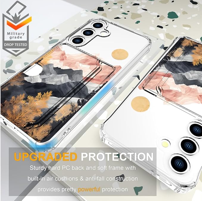 Compatible with Samsung Galaxy S24 / S25 Case Card Holder for Women Cute Design,Wallet Phone Cases Transparent Cool Kawaii Protective (Clear Mountain Hill Landscape)