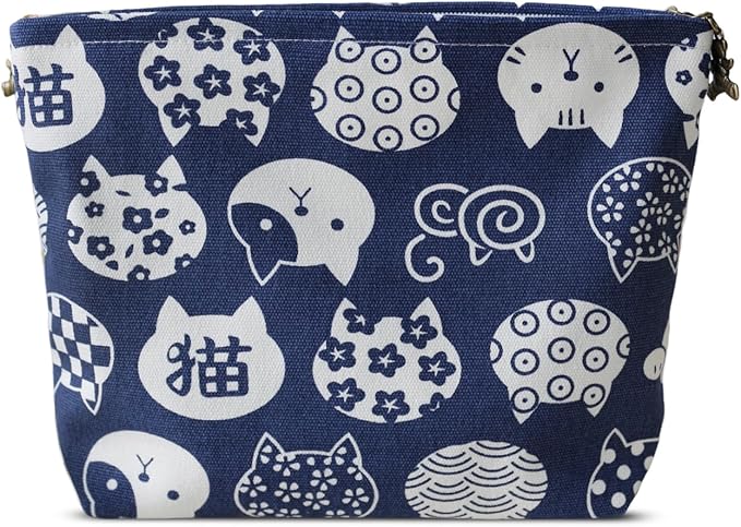 HAPPYHEIDI Canvas Makeup Bag, Cosmetic Travel Pouch, Kawaii Blue Cats, Cotton Blend, Animal Print, Zipper Closure, 7.1x2.4x7 Inches
