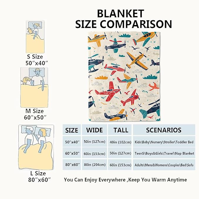 Airplane Blanket Aviation Adventure Colorful Planes and Clouds Throw Blankets Gifts for Kids Boys Lightweight Soft Fleece Cozy for Sofa Couch Bed Room Travel Birthday Party Decor 60x80in