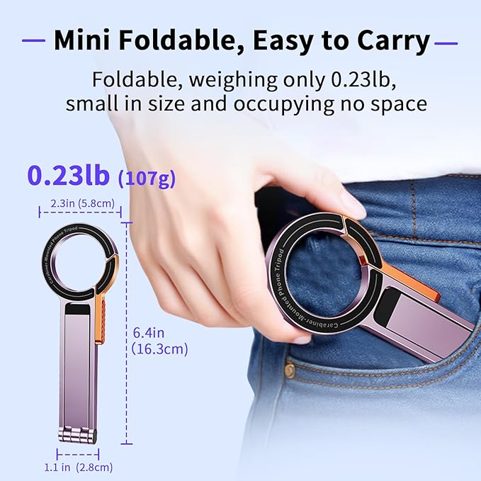 for MagSafe Magnetic Phone Tripod Stand for iPhone & Android Phone, Portable Mini Pocket Tripod Holder, Foldable Aluminum Small Holder with Carabiner Clip for iPhone 16/15/14/13 Series, Dusty Purple