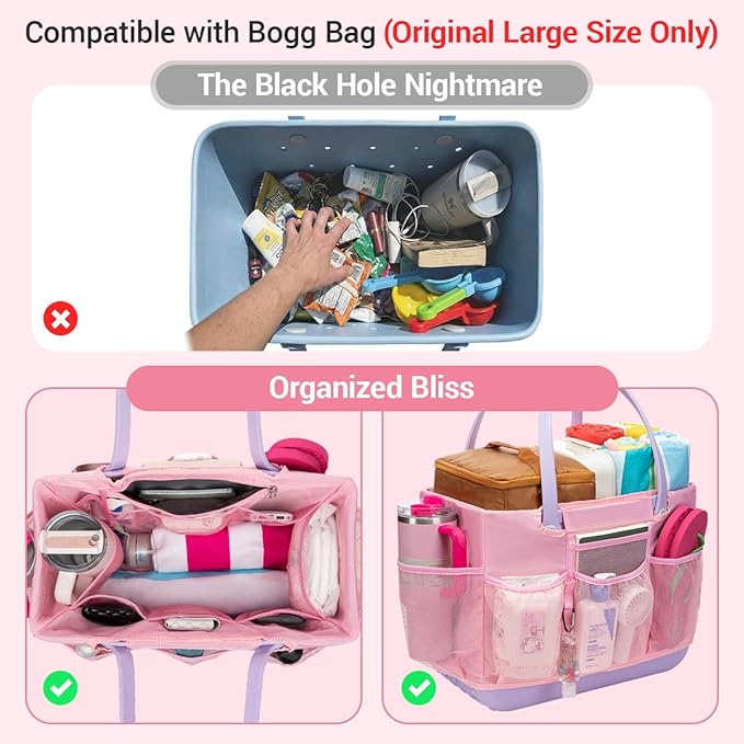 Organizer Insert Compatible with Extar Large Bogg Bag Inner Outer Bag Cover Multi-Pocket Liner with Zip Pouch Easy-Access Exterior Mesh Pockets Picnic Camping Baseball Football Girls Women Mujer Mama