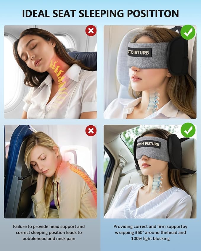 Travel Pillows for Airplanes, Airplane Head Strap with Eye Mask for Long Flight Sleeping Travel, 360° Support Neck Pillow for Plane Car Road Trips Seat Sleep, No Bobblehead (White)